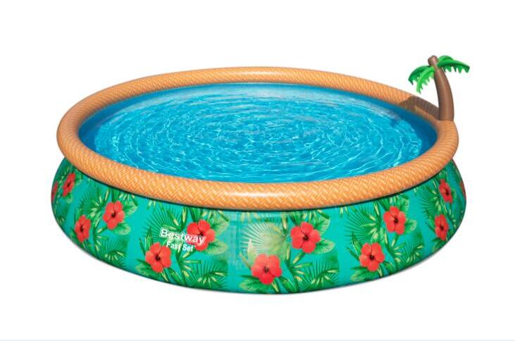 d995c4248dd33681d14d25f76e23e42f7379e214 Fast Set 15' x 33" Paradise Palms Inflatable Round Pool Liner Replacement, Tropical - Image 1
